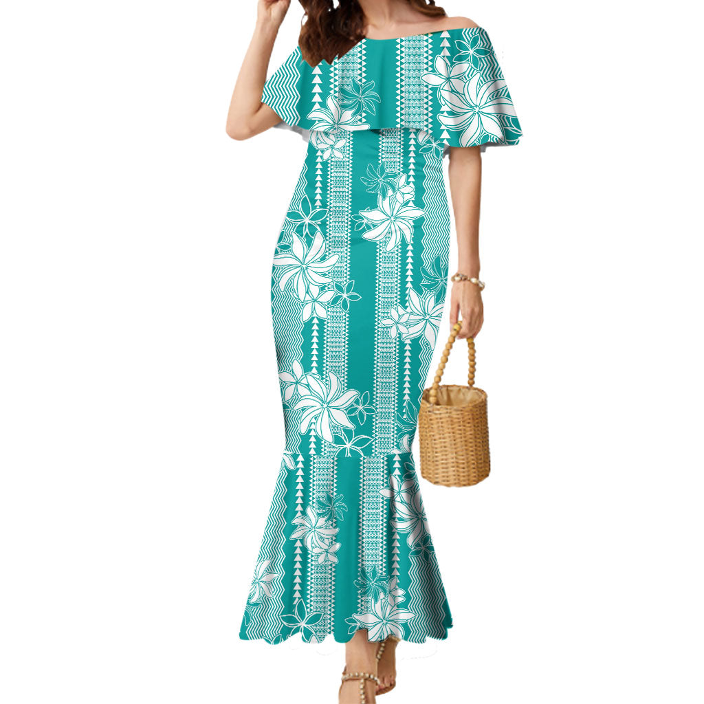 Hawaii Kakau Tribal Mermaid Dress With Teal Tiare