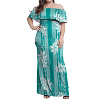Hawaii Kakau Tribal Off Shoulder Maxi Dress With Teal Tiare LT05 Women Teal - Polynesian Pride