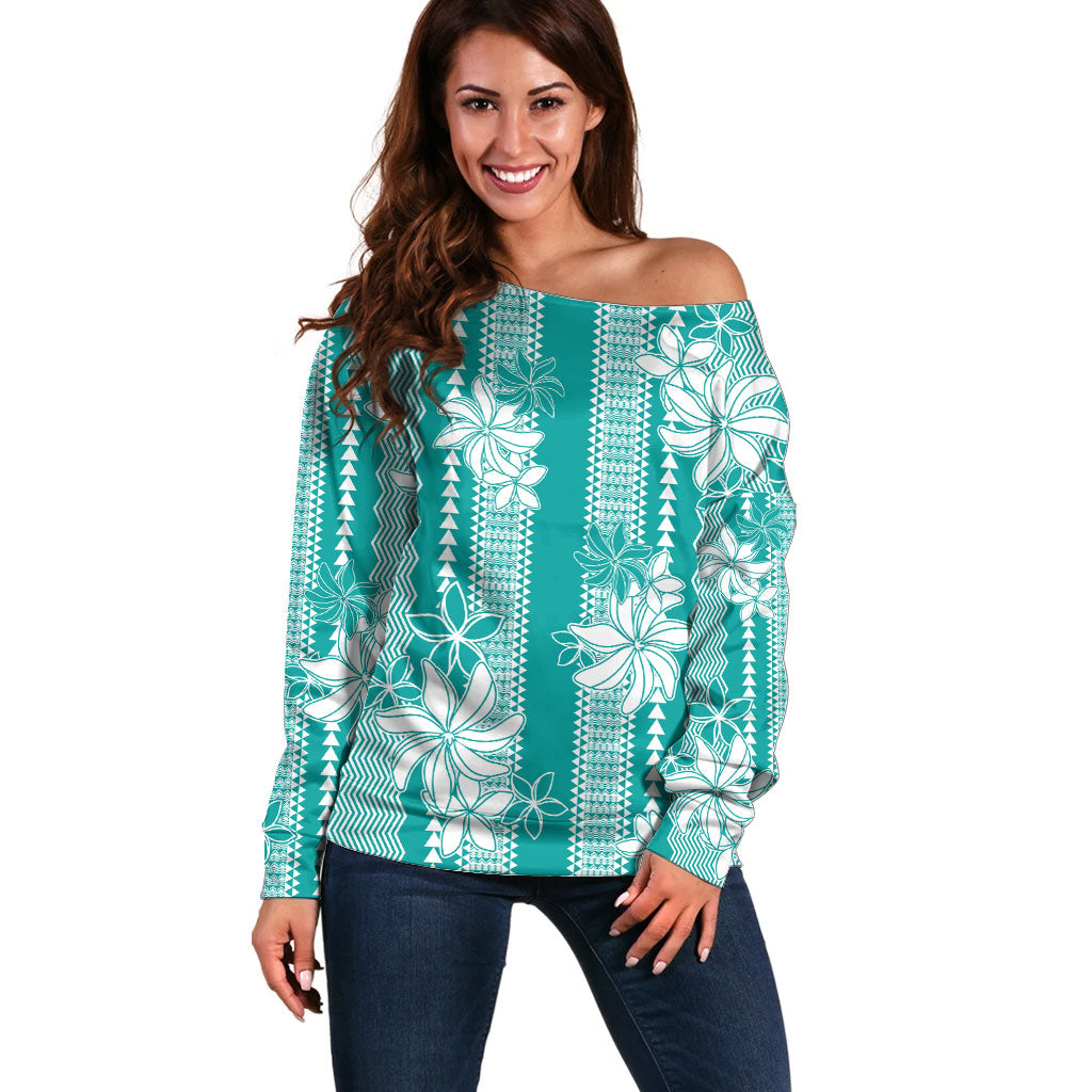 Hawaii Kakau Tribal Off Shoulder Sweater With Teal Tiare LT05 Women Teal - Polynesian Pride