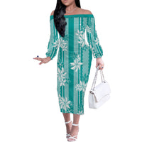 Hawaii Kakau Tribal Off The Shoulder Long Sleeve Dress With Teal Tiare LT05 Women Teal - Polynesian Pride