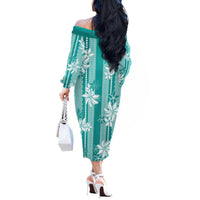 Hawaii Kakau Tribal Off The Shoulder Long Sleeve Dress With Teal Tiare LT05 - Polynesian Pride