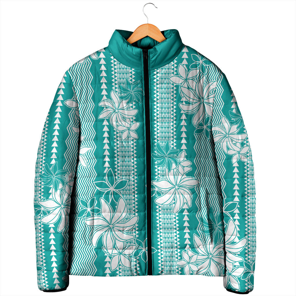 Hawaii Kakau Tribal Padded Jacket With Teal Tiare LT05 - Polynesian Pride