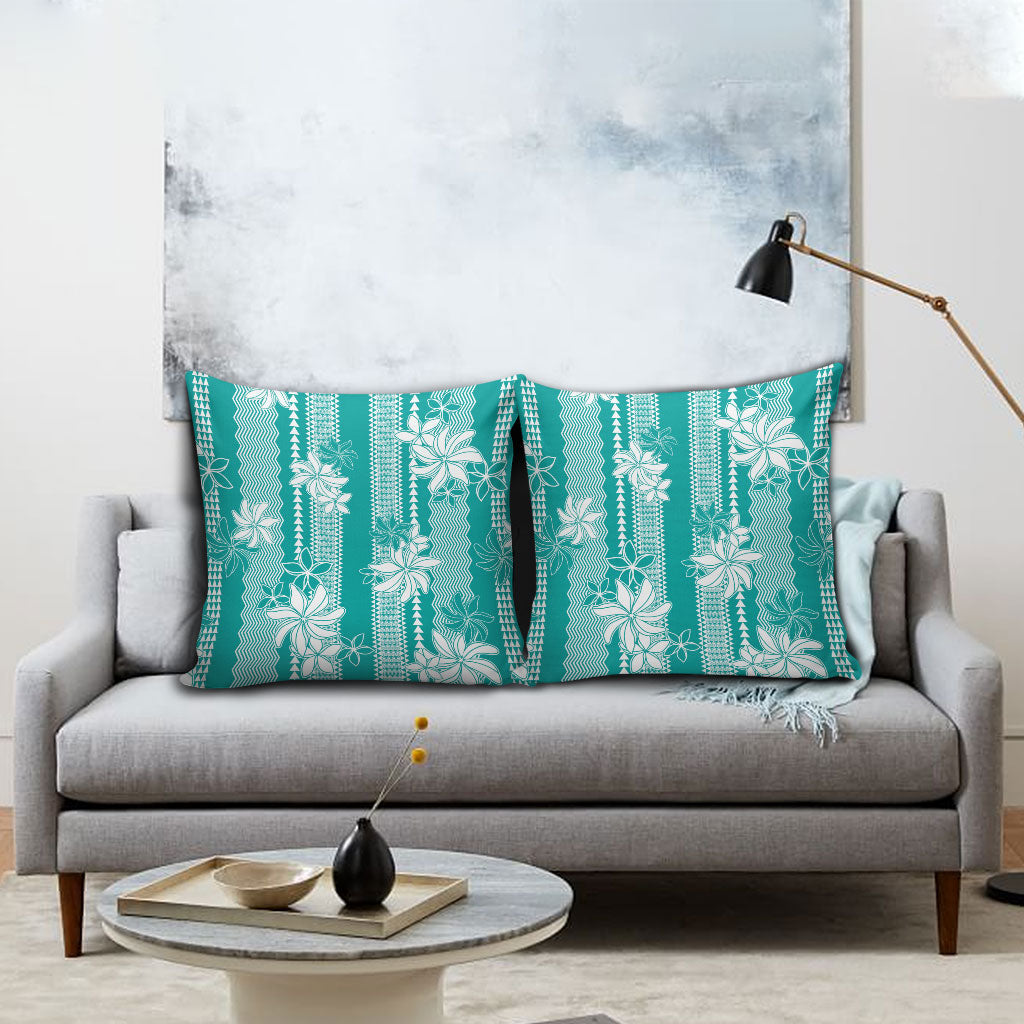 Hawaii Kakau Tribal Pillow Cover With Teal Tiare LT05 - Polynesian Pride
