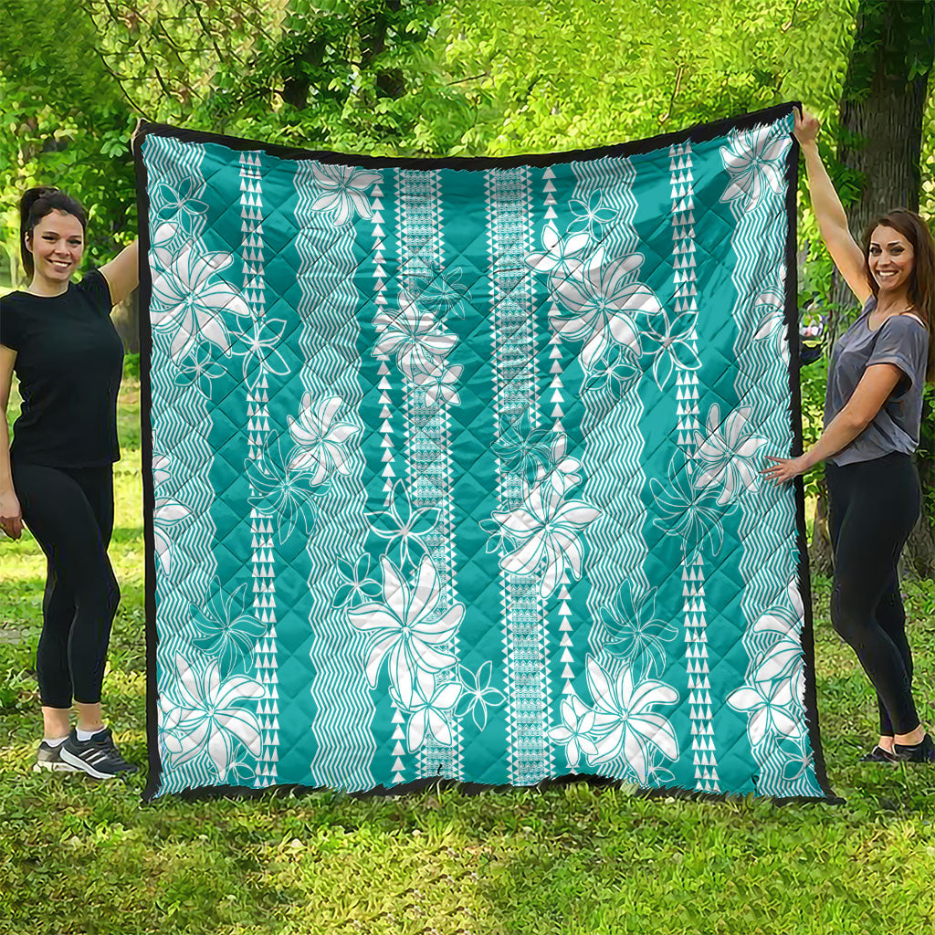 Hawaii Kakau Tribal Quilt With Teal Tiare LT05 - Polynesian Pride