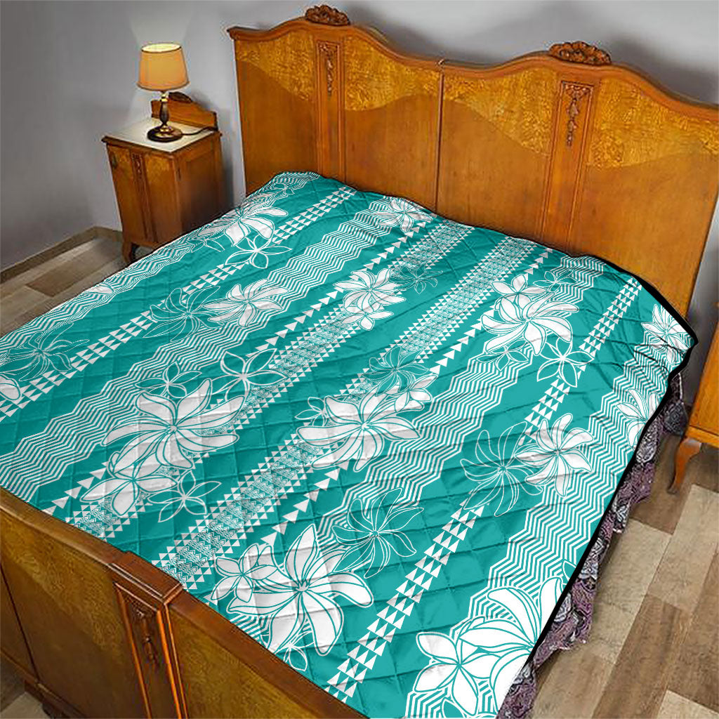 Hawaii Kakau Tribal Quilt With Teal Tiare LT05 - Polynesian Pride