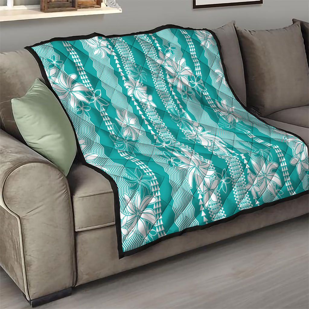 Hawaii Kakau Tribal Quilt With Teal Tiare LT05 - Polynesian Pride