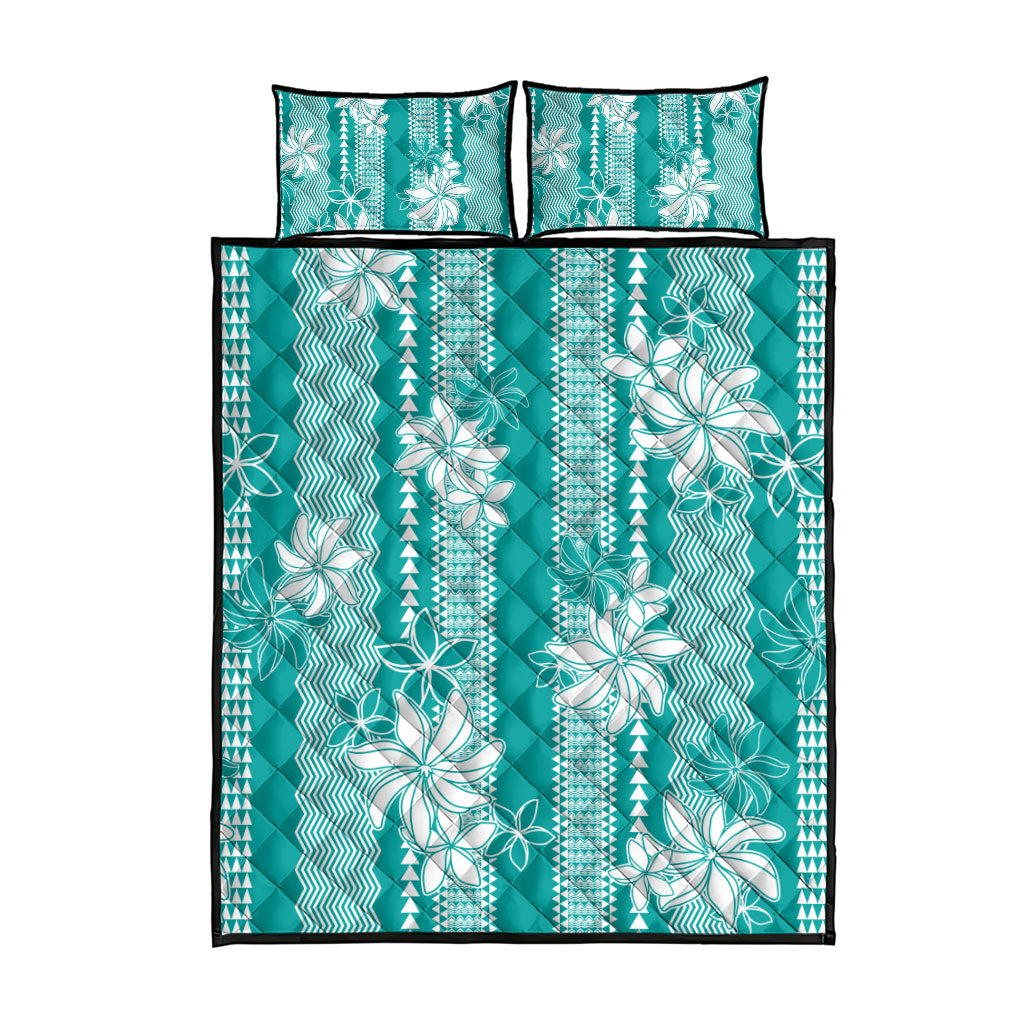 Hawaii Kakau Tribal Quilt Bed Set With Teal Tiare LT05 - Polynesian Pride