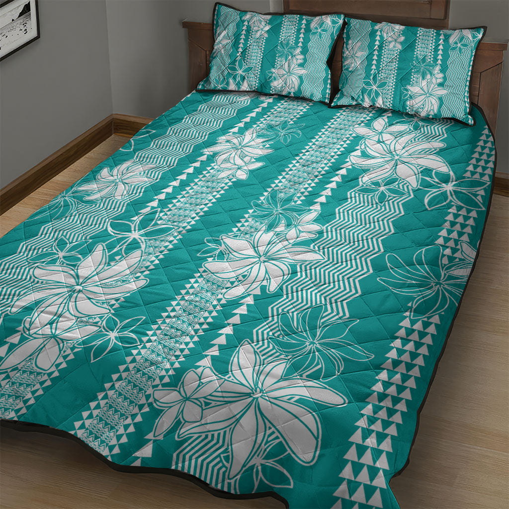 Hawaii Kakau Tribal Quilt Bed Set With Teal Tiare LT05 - Polynesian Pride