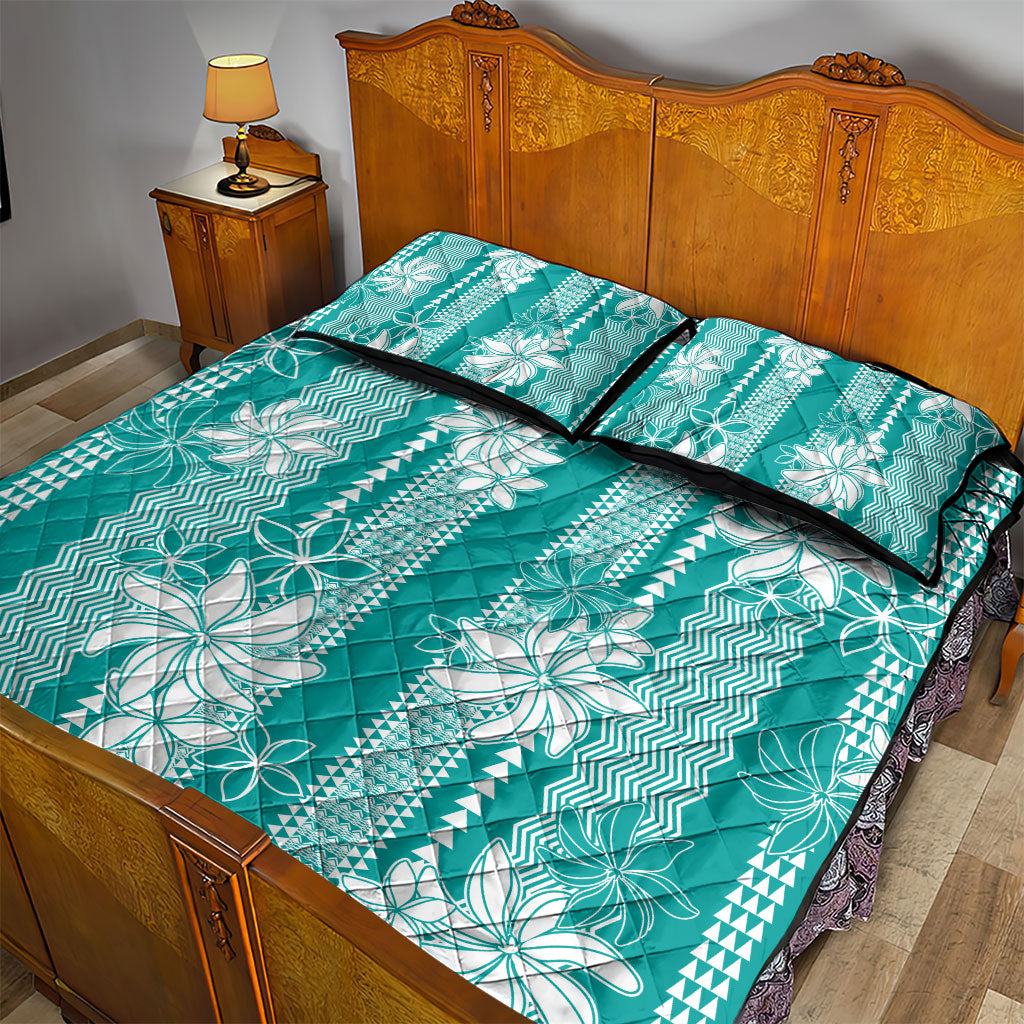 Hawaii Kakau Tribal Quilt Bed Set With Teal Tiare LT05 - Polynesian Pride