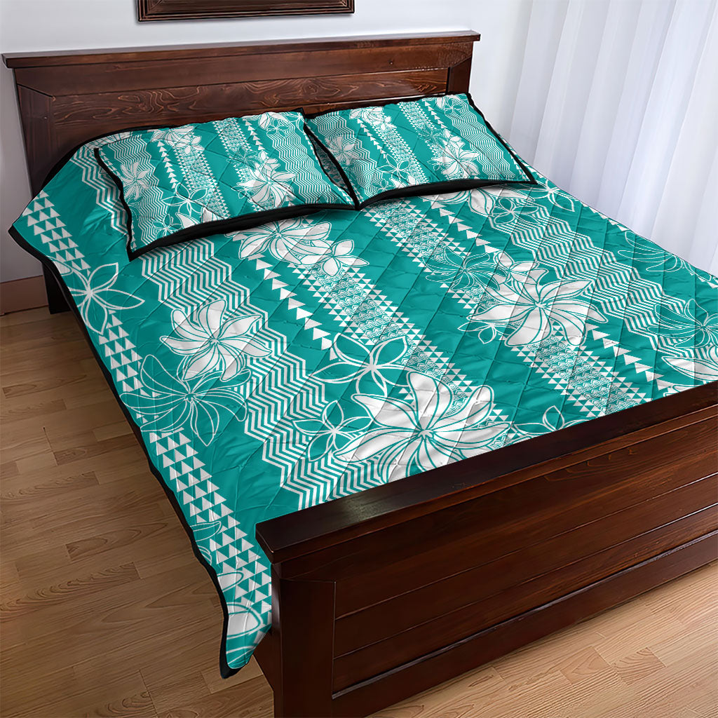 Hawaii Kakau Tribal Quilt Bed Set With Teal Tiare LT05 - Polynesian Pride
