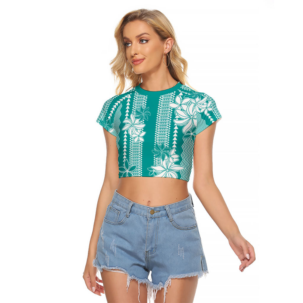 Hawaii Kakau Tribal Raglan Cropped T Shirt With Teal Tiare LT05 Female Teal - Polynesian Pride