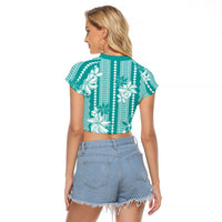 Hawaii Kakau Tribal Raglan Cropped T Shirt With Teal Tiare LT05 - Polynesian Pride