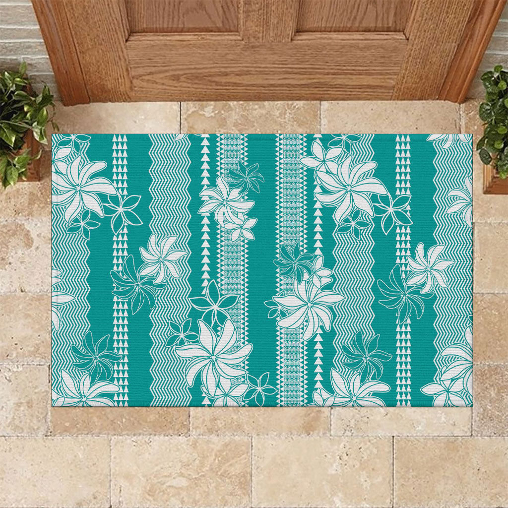 Hawaii Kakau Tribal Rubber Doormat With Teal Tiare