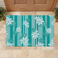 Hawaii Kakau Tribal Rubber Doormat With Teal Tiare