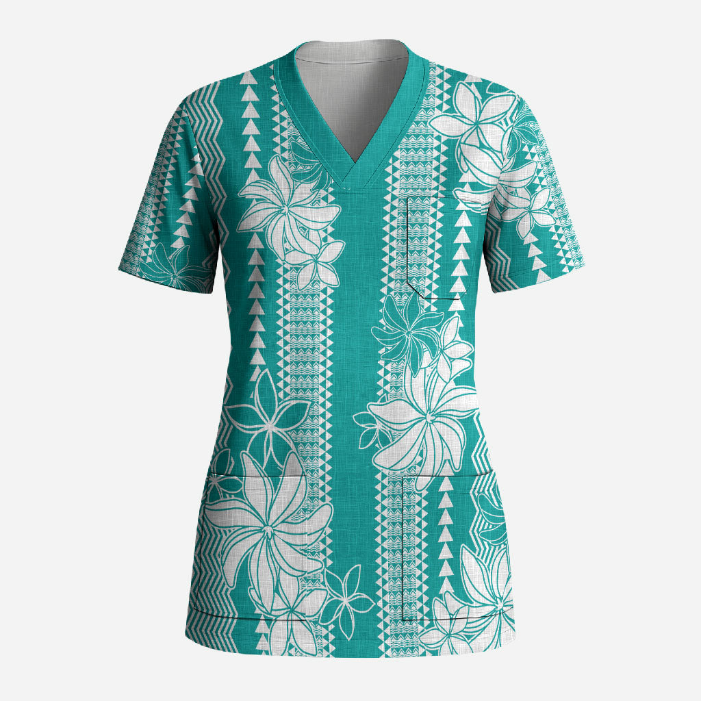 Hawaii Kakau Tribal Scrub Top With Teal Tiare LT05 Adult Teal - Polynesian Pride