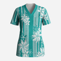 Hawaii Kakau Tribal Scrub Top With Teal Tiare LT05 Adult Teal - Polynesian Pride