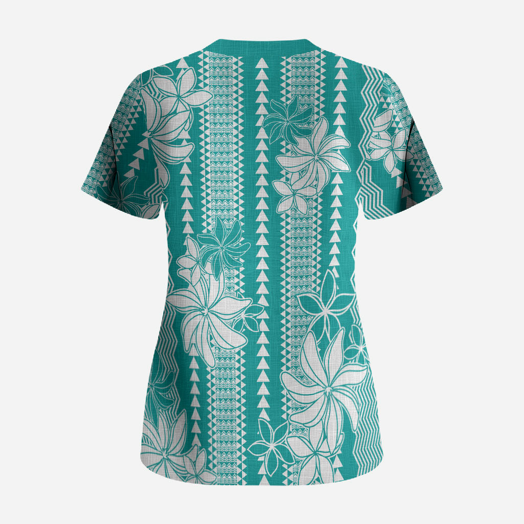 Hawaii Kakau Tribal Scrub Top With Teal Tiare LT05 - Polynesian Pride