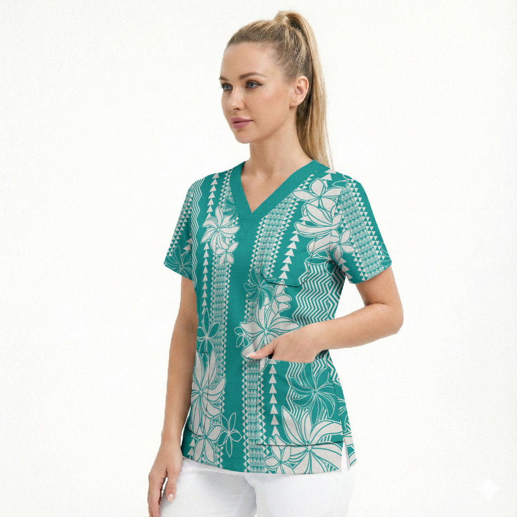 Hawaii Kakau Tribal Scrub Top With Teal Tiare LT05 - Polynesian Pride