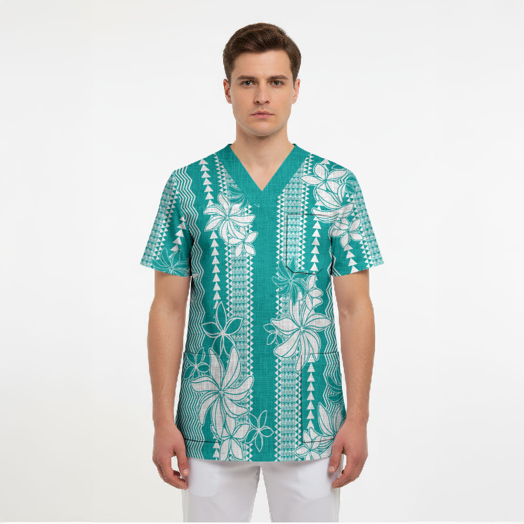 Hawaii Kakau Tribal Scrub Top With Teal Tiare LT05 - Polynesian Pride