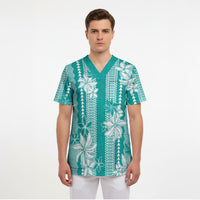Hawaii Kakau Tribal Scrub Top With Teal Tiare LT05 - Polynesian Pride