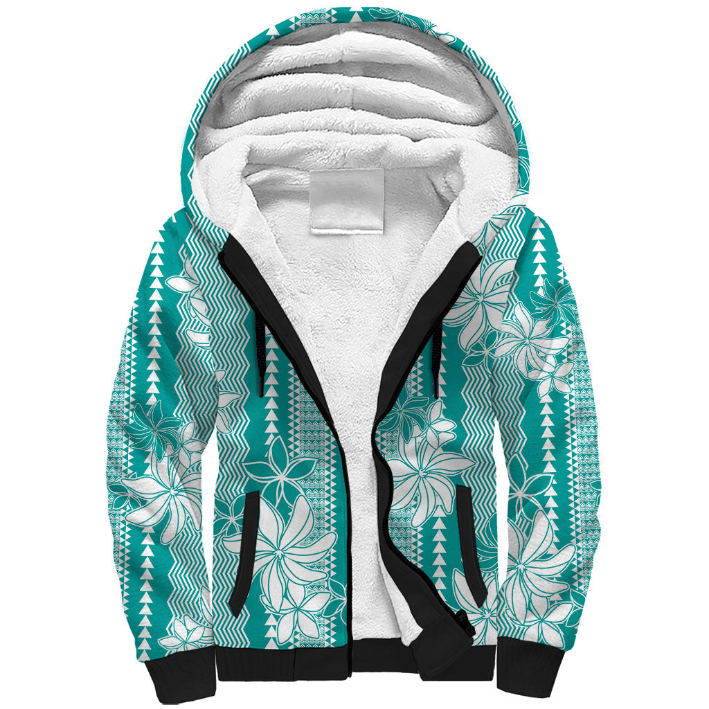 Hawaii Kakau Tribal Sherpa Hoodie With Teal Tiare LT05 Unisex Teal - Polynesian Pride