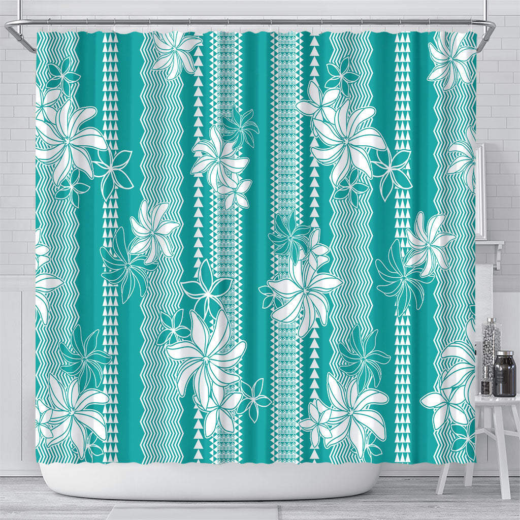 Hawaii Kakau Tribal Shower Curtain With Teal Tiare LT05 - Polynesian Pride