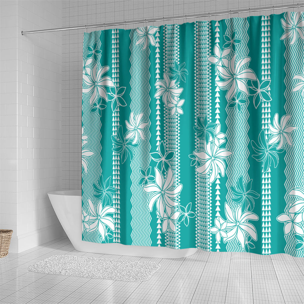 Hawaii Kakau Tribal Shower Curtain With Teal Tiare LT05 - Polynesian Pride