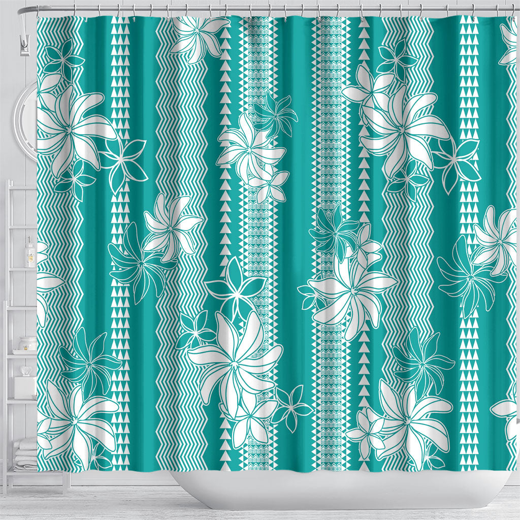 Hawaii Kakau Tribal Shower Curtain With Teal Tiare LT05 - Polynesian Pride