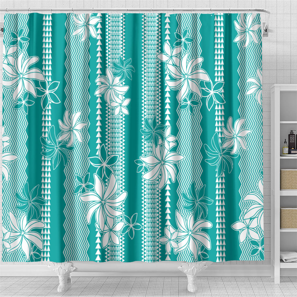 Hawaii Kakau Tribal Shower Curtain With Teal Tiare LT05 - Polynesian Pride