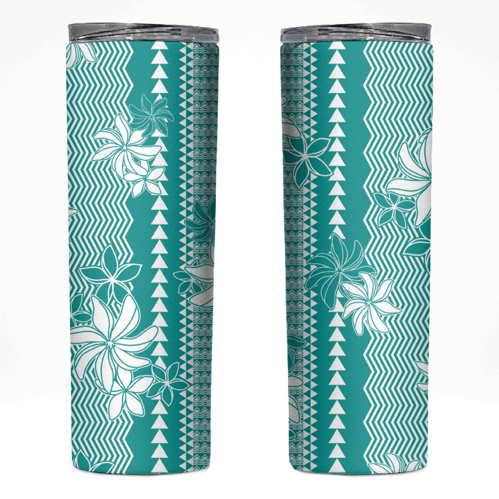 Hawaii Kakau Tribal Skinny Tumbler With Teal Tiare LT05 Teal - Polynesian Pride