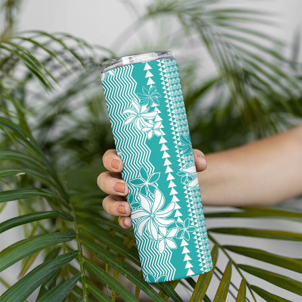Hawaii Kakau Tribal Skinny Tumbler With Teal Tiare LT05 - Polynesian Pride