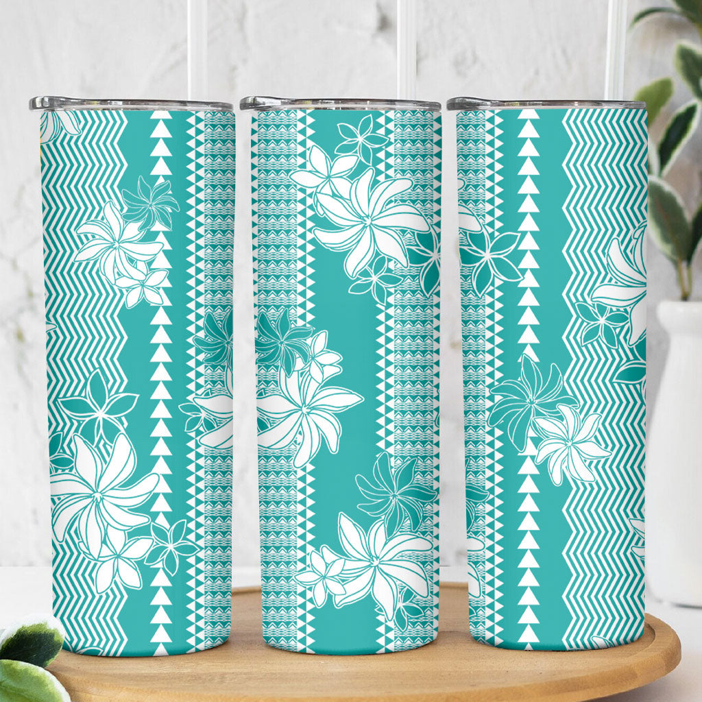 Hawaii Kakau Tribal Skinny Tumbler With Teal Tiare LT05 - Polynesian Pride