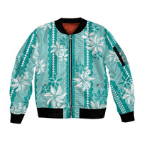Hawaii Kakau Tribal Sleeve Zip Bomber Jacket With Teal Tiare