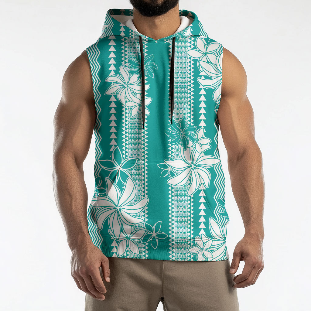 Hawaii Kakau Tribal Sleeveless Hoodie With Teal Tiare