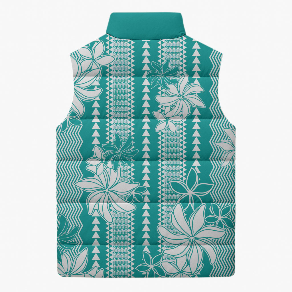 Hawaii Kakau Tribal Sleeveless Puffer Jacket With Teal Tiare LT05 - Polynesian Pride