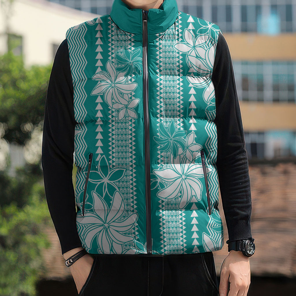 Hawaii Kakau Tribal Sleeveless Puffer Jacket With Teal Tiare LT05 - Polynesian Pride