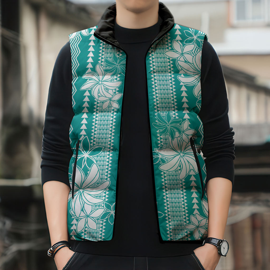 Hawaii Kakau Tribal Sleeveless Puffer Jacket With Teal Tiare LT05 - Polynesian Pride