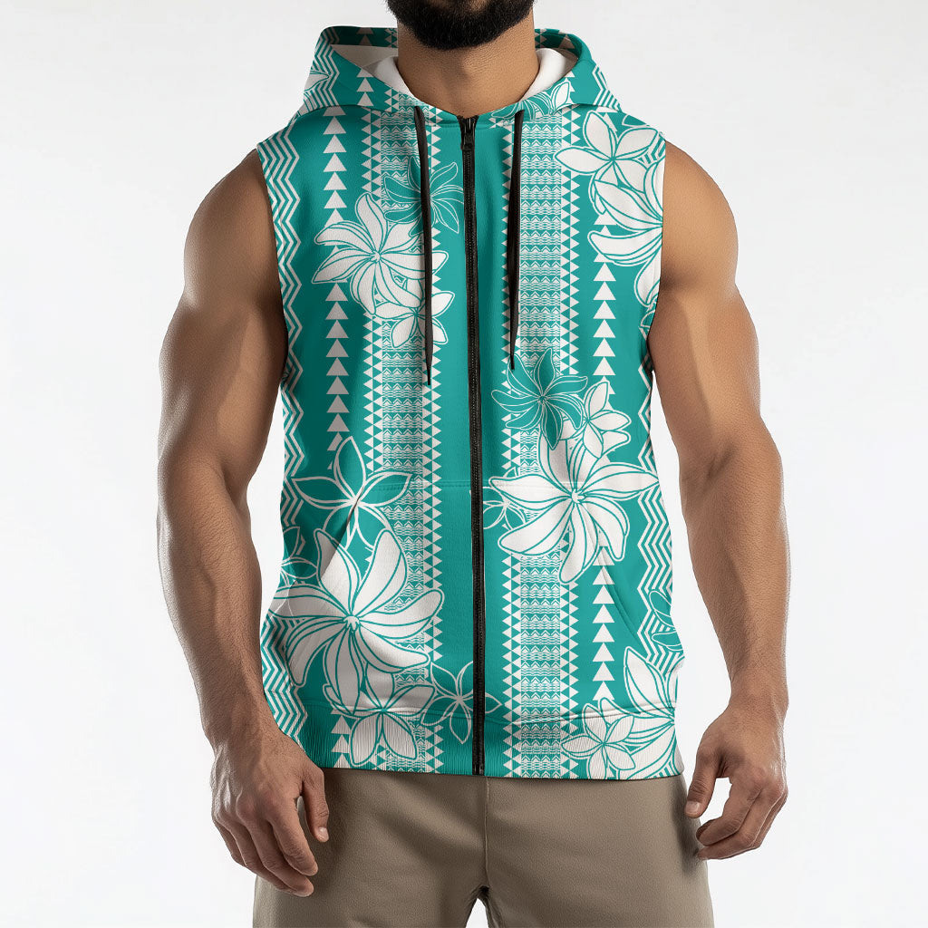 Hawaii Kakau Tribal Sleeveless Zip Hoodie With Teal Tiare LT05 - Polynesian Pride