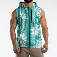 Hawaii Kakau Tribal Sleeveless Zip Hoodie With Teal Tiare LT05 - Polynesian Pride