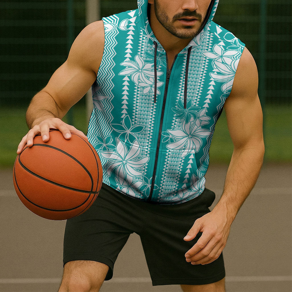 Hawaii Kakau Tribal Sleeveless Zip Hoodie With Teal Tiare LT05 - Polynesian Pride
