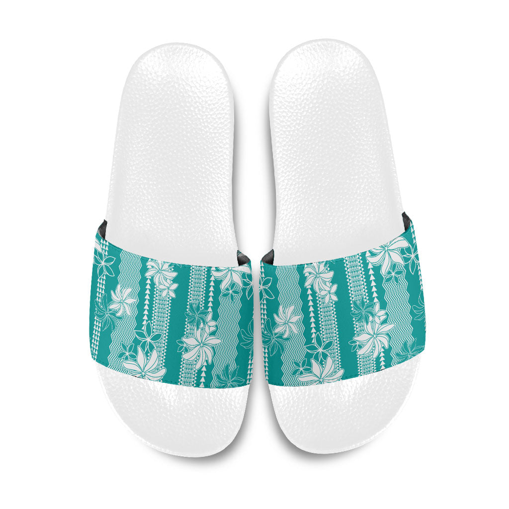 Hawaii Kakau Tribal Slide Sandals With Teal Tiare LT05 Teal - Polynesian Pride