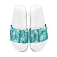 Hawaii Kakau Tribal Slide Sandals With Teal Tiare LT05 Teal - Polynesian Pride