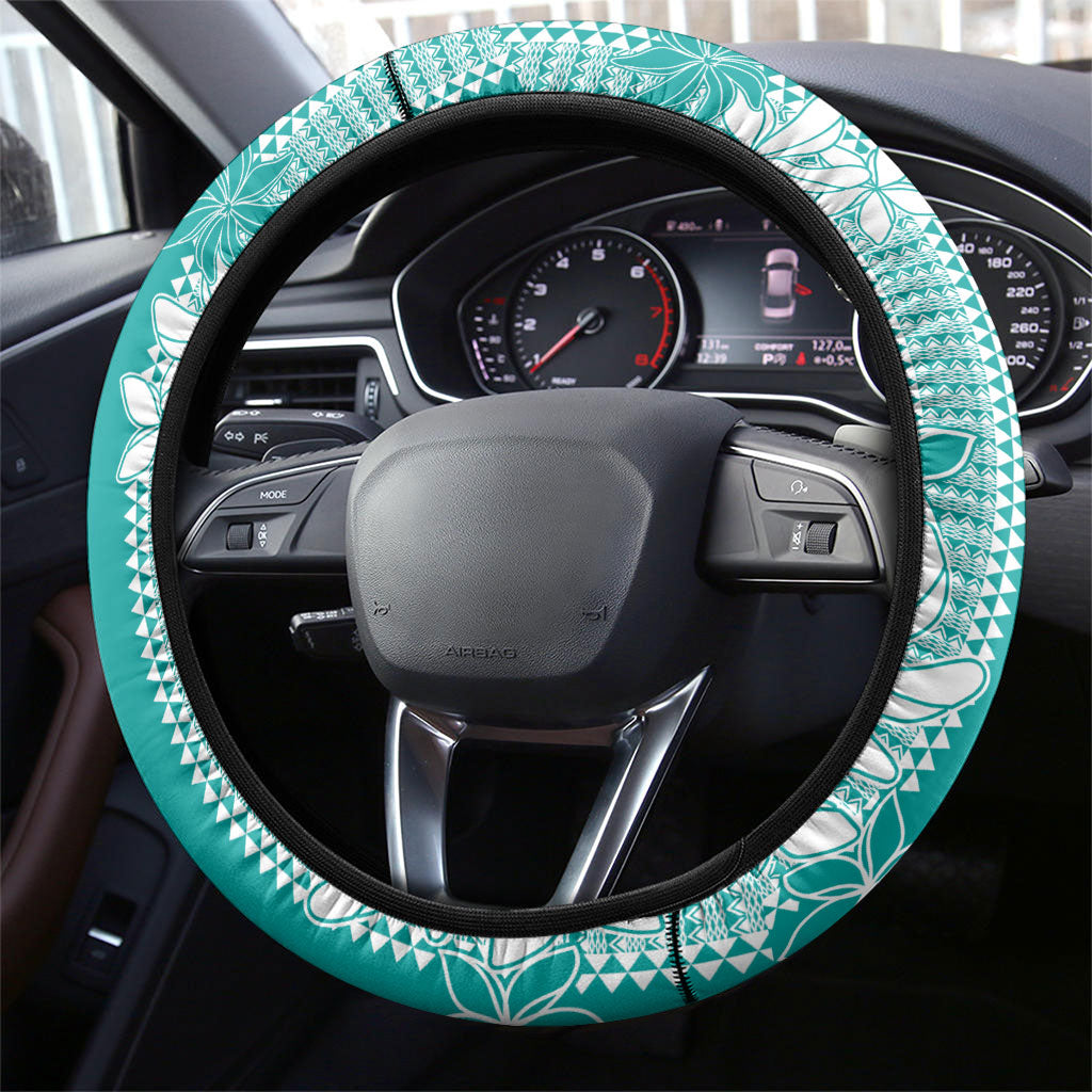Hawaii Kakau Tribal Steering Wheel Cover With Teal Tiare LT05 - Polynesian Pride