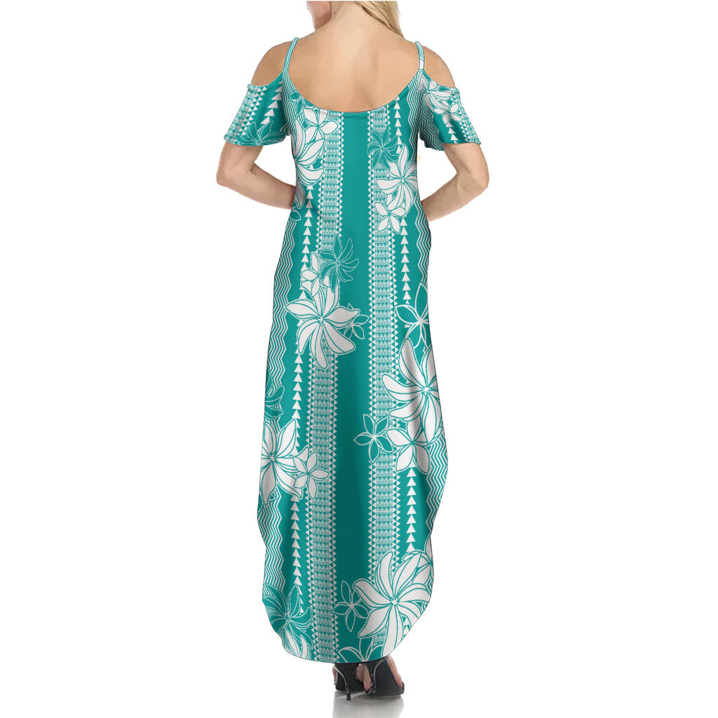 Hawaii Kakau Tribal Summer Maxi Dress With Teal Tiare LT05 - Polynesian Pride