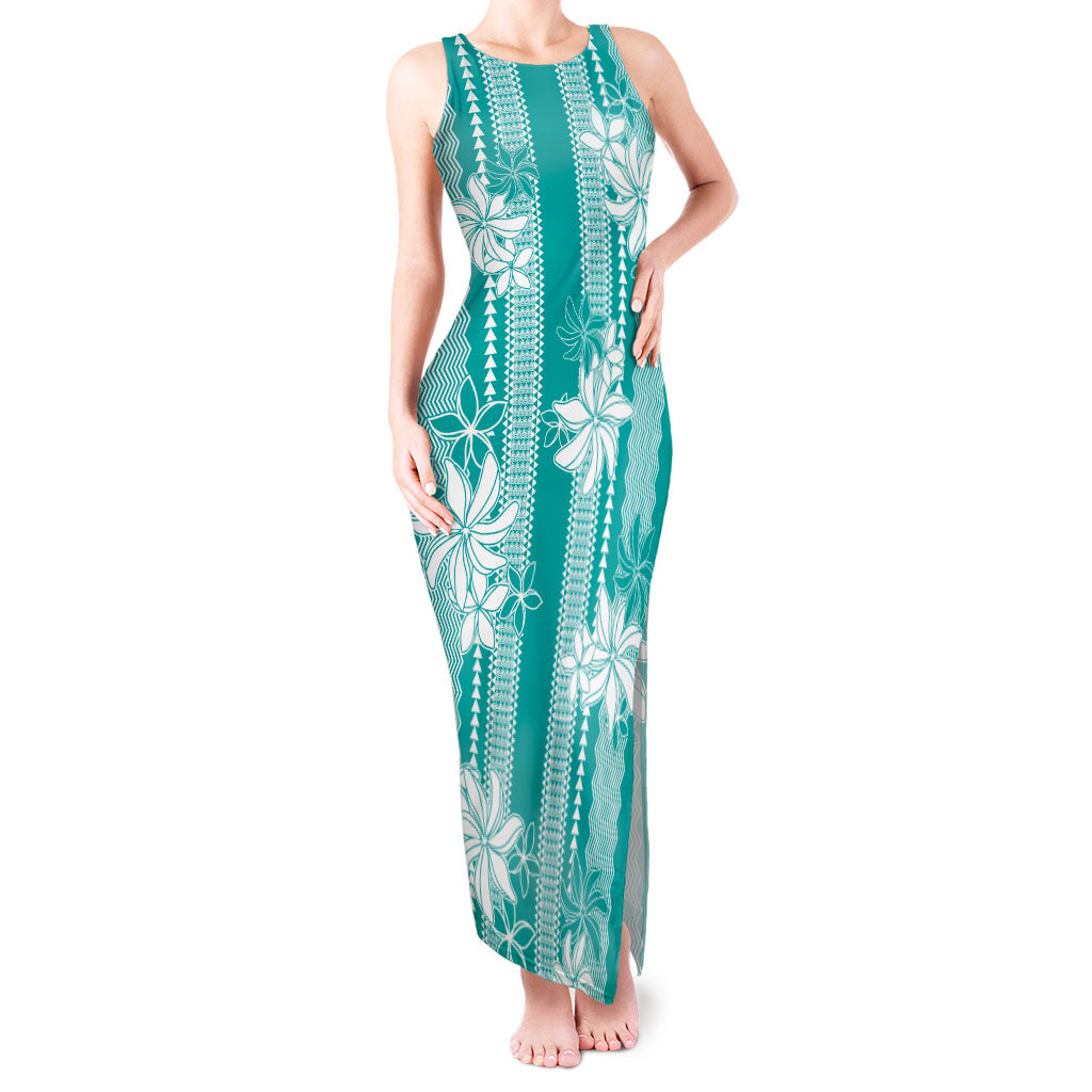 Hawaii Kakau Tribal Tank Maxi Dress With Teal Tiare LT05 Women Teal - Polynesian Pride