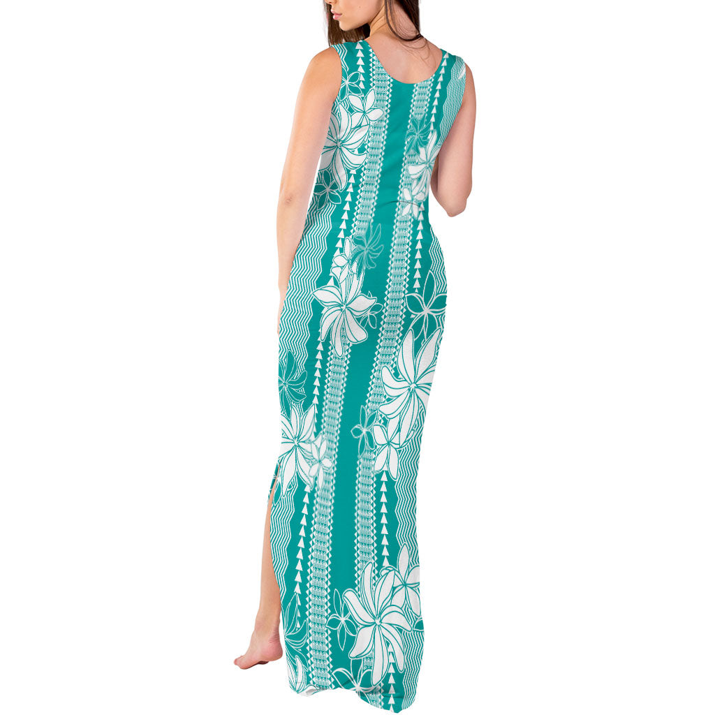 Hawaii Kakau Tribal Tank Maxi Dress With Teal Tiare LT05 - Polynesian Pride