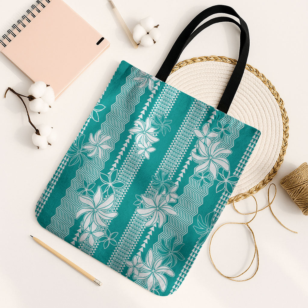 Hawaii Kakau Tribal Tote Bag With Teal Tiare LT05 Black Strap One Size Teal - Polynesian Pride