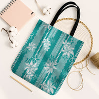 Hawaii Kakau Tribal Tote Bag With Teal Tiare LT05 Black Strap One Size Teal - Polynesian Pride