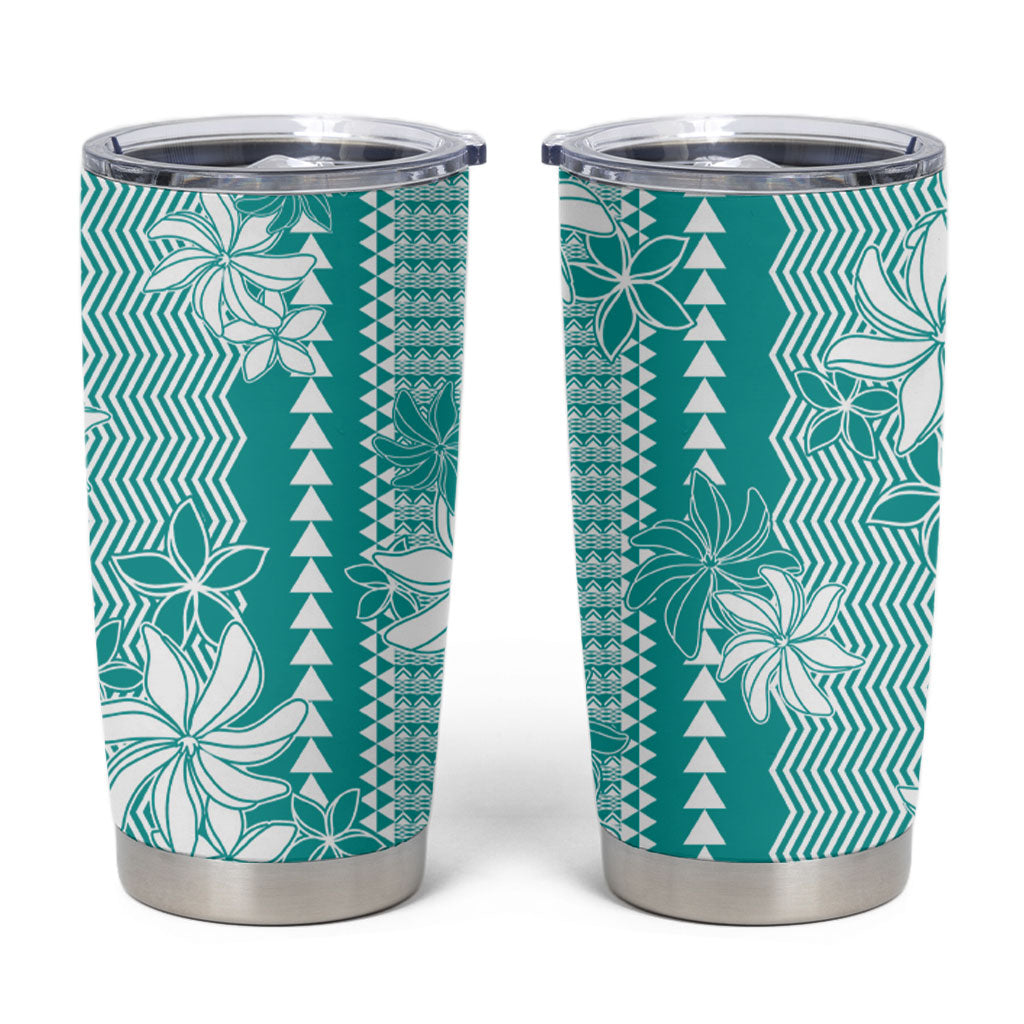 Hawaii Kakau Tribal Tumbler Cup With Teal Tiare LT05 Teal - Polynesian Pride