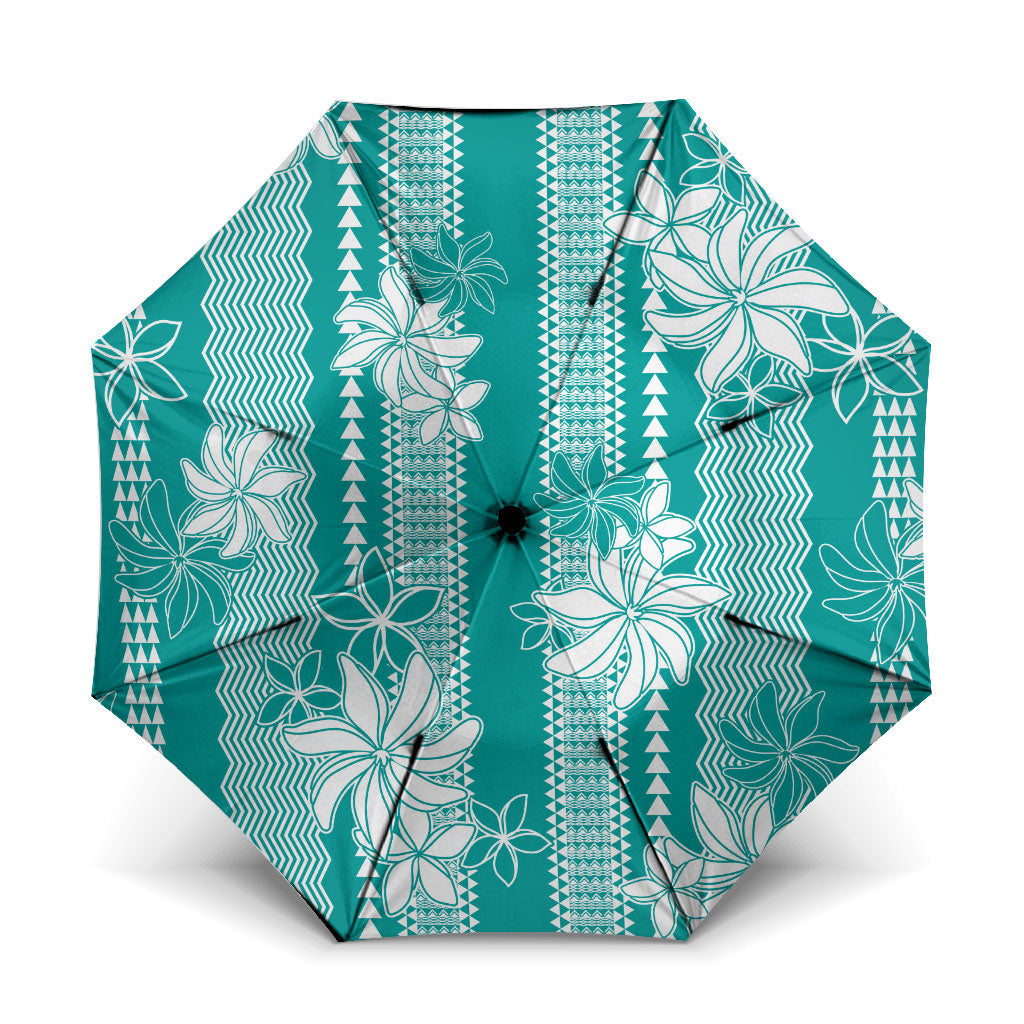 Hawaii Kakau Tribal Umbrella With Teal Tiare LT05 One Size Folded 11.42 inch Opened Diameter 37.4 inch Teal - Polynesian Pride